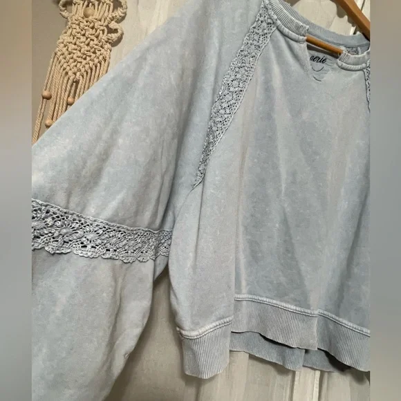 Aerie Hey Crochet Boho Sweatshirt, Cloud Wash Blue, Medium, Never Worn - Picture 9 of 9